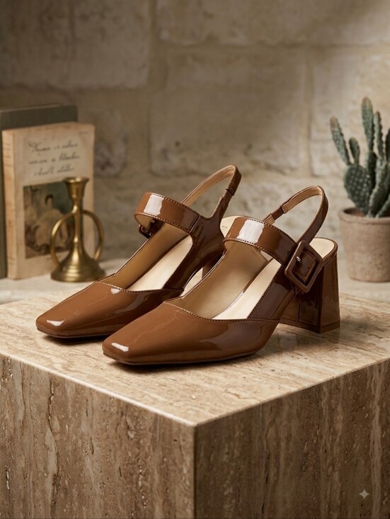 Alex Marie Shoes - Alex Marie Women's Leighten Brown Patent Square Toe Slingback Pumps Size 9.5